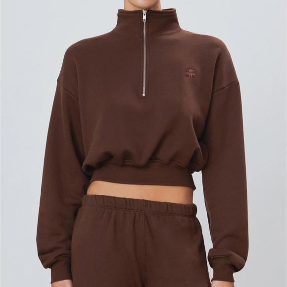 NEW ETERNE cropped half-zip sweatshirt in chocolate